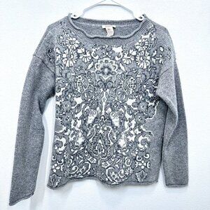 Sundance Gray and White Floral-Pattern Crewneck Sweater